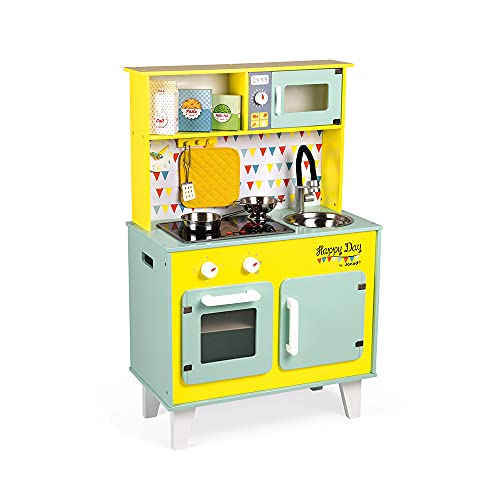 Janod - Big Wooden Play Kitchen - Happy Day - With Fridge and Microwave Oven,...