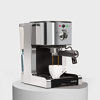 Klarstein Passionata 20 – ekspres do espresso, ekspres do kawy, 1350 W, 1,25 litra, automatyczny spust ciśnienia, w zestawie dysza z pianki mlecznej do przygotowania cappuccino, srebrny