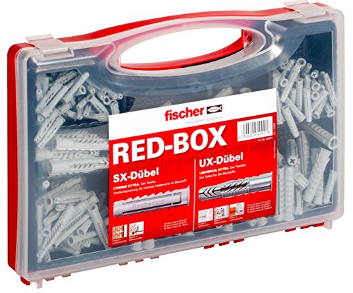 fischer RED-BOX UX / SX, Dübelbox mit 160 Universaldübeln UX & 130 Spreizdübeln SX, vorsortiertes Dübel-Set für zahlreiche Baustoffe und Befestigungen, 290 Teile
