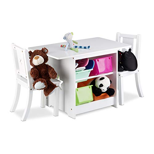 Relaxdays dziecięca grupa siedzeń ALBUS z miejscem do przechowywania, 1 stołem i 2 drewnianymi krzesłami, dziecięca grupa stołowa dla chłopców ...