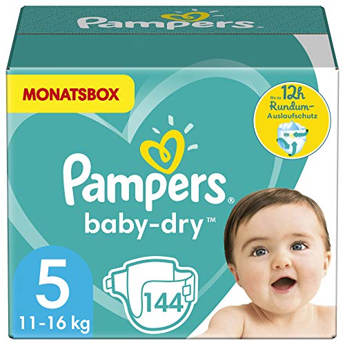 Pampers Größe 5 Baby Dry Windeln, 144 Stück, MONATSBOX, Für Atmungsaktive Trockenheit (11-16kg)